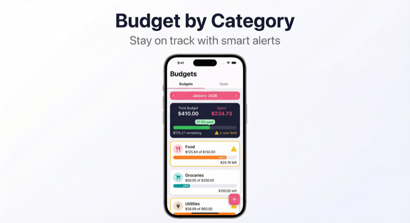 NeatSnap Budget Tracking - Monthly budgets by category with spending alerts